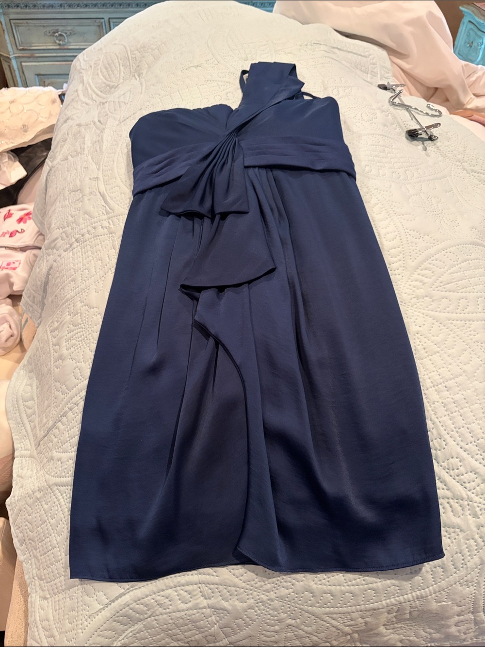 Navy One-Shoulder Ruffle Cocktail Dress